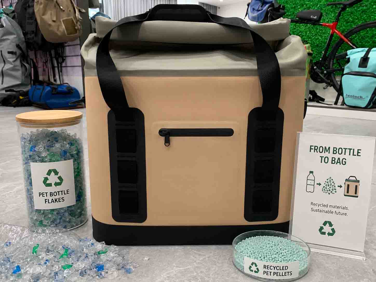 RPET cooler bag shown with recycled PET bottle flakes illustrating the recycled fabric source